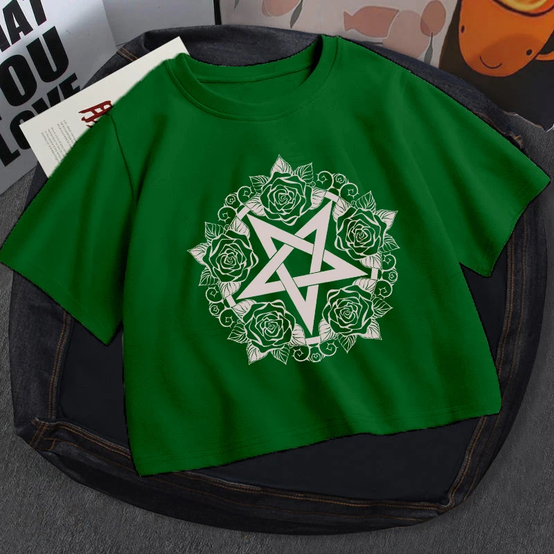 Damska koszulka Harajuku American Vintage Creative Pentagram Pattern Print Harajuku Street Hip-hop Harajuku Trendy Versatile Top