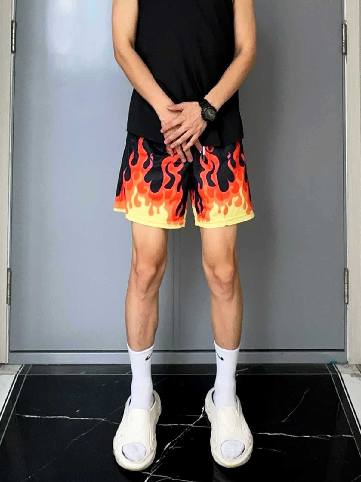 UNCLEBLUE Summer American Baskeall Sport orts Men's Flame Pattern Double Layer Large Me Breathable Straight Leg Casual ...