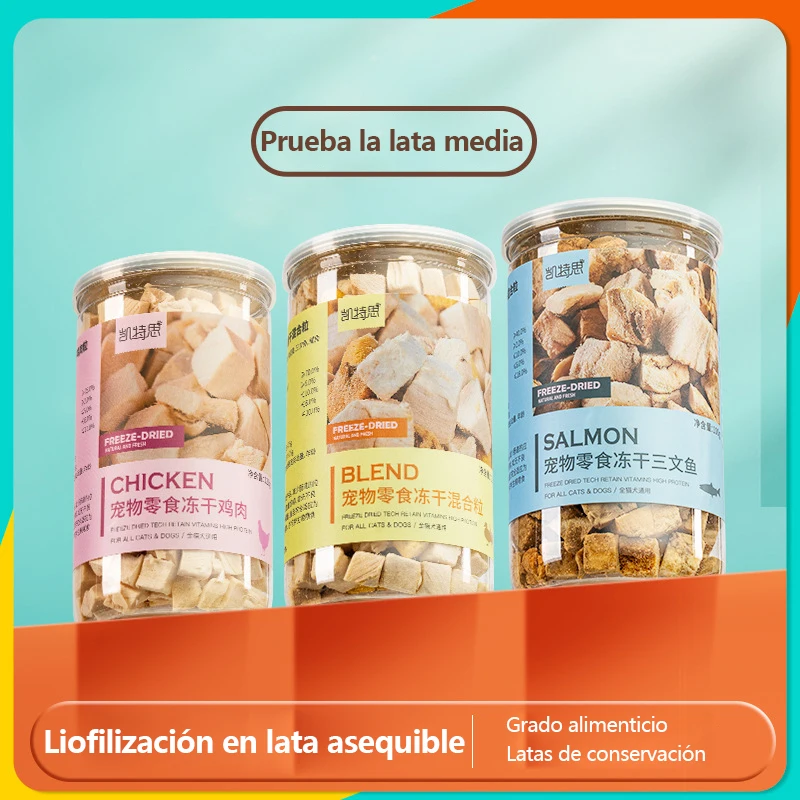 Bocadillos para mascotas enlatados, pollo, pato, ternera, tres textos, huevos de codorniz de bacalao, huevos amarillos, gatos y perros, liofilizados.