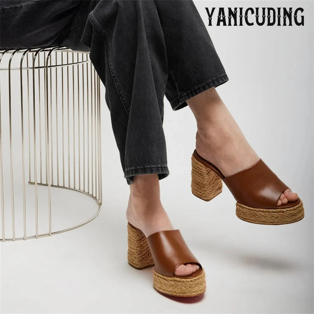 Jute Woven Platform Mules Chunky Block Heel Espadrille Slippers Designer Style Almond Open Toe Platform Summer Shoes for Women