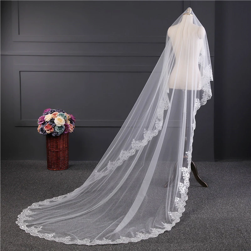 

Real Photos White Ivory Floral Lace Chapel Wedding Veil One Tier Bridal Veil Accept Customized Length and Bulk Orders