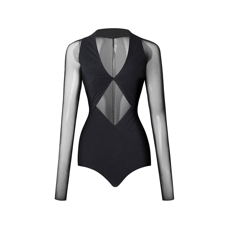 Mesh V Neck Latin Dance Tops Women Long Sleeves Practice Clothes Sexy Hollow Samba Rumba ChaCha Dancewear Adult Leotard DNV17150