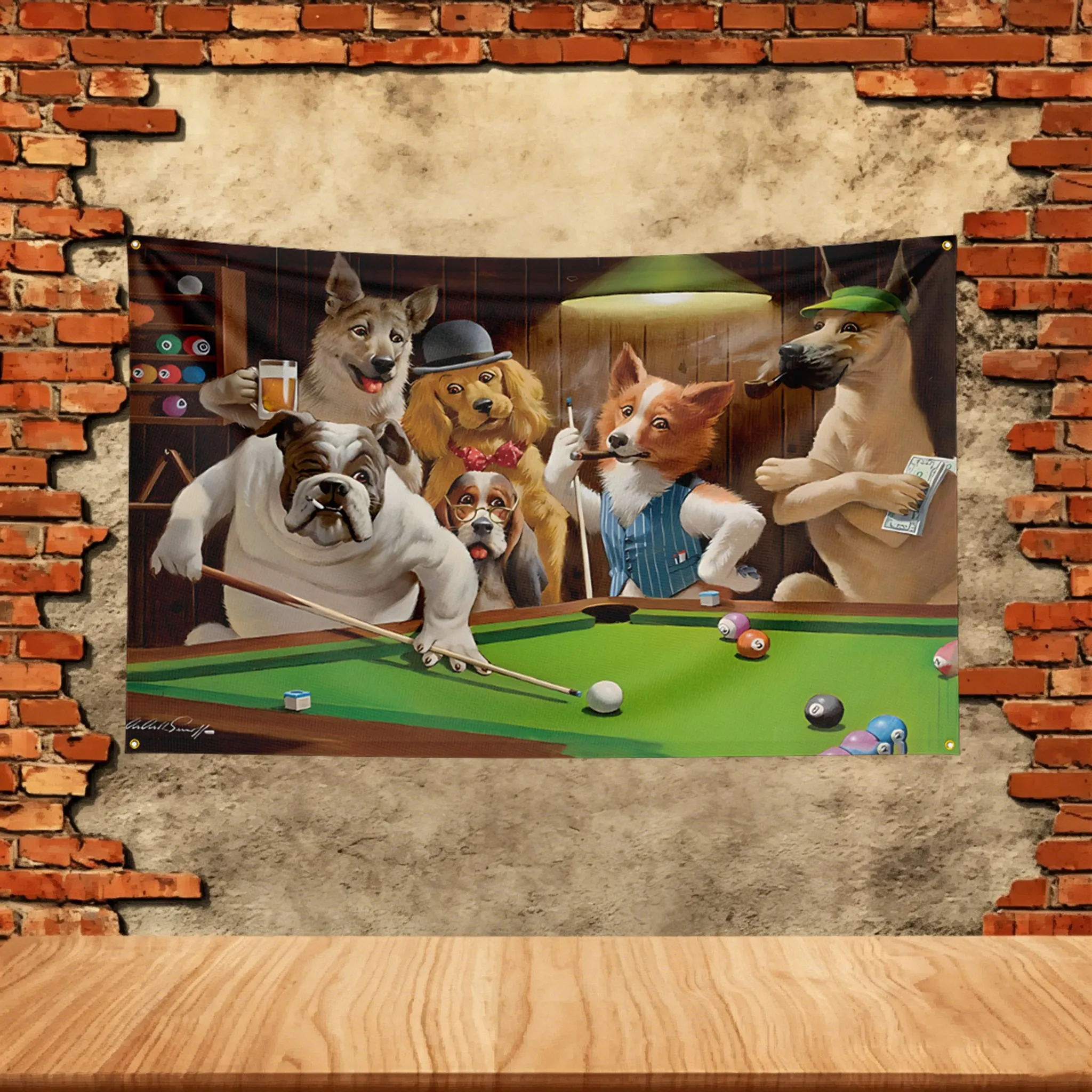 Animals playing billiards and poker Funny Flag  Banner Custom Image Bedroom Living Room Dorm Wall Hanging Decor Tapestry