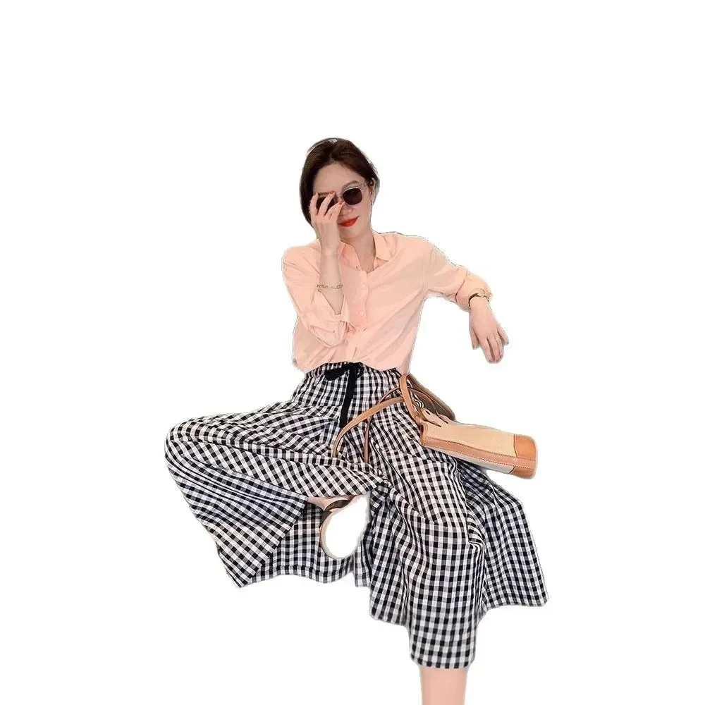 Pop ฤดูร้อนใหม่ลายสก๊อตกางเกงขากว้าง Elastic High เอวกระชับสัดส่วน Casual หลวมกางเกงผู้หญิงกางเกงยาวอเนกประสงค์หญิง