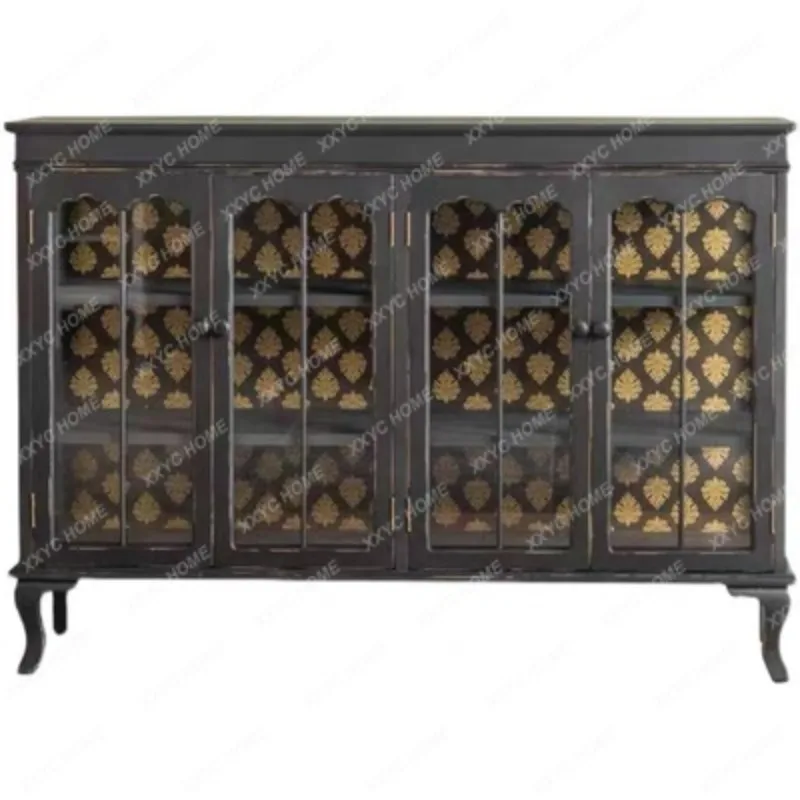 XXFactory Direct  Solid Wood Glass Living Room Dining Side Cabinet Storage Carved Black Glass