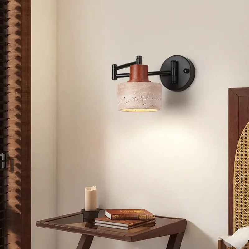 for Medieval Silent Wind Rocker Arm Wall Lamp Yellow Travertine Retractable LED Reading Light for Bedroom Living Room