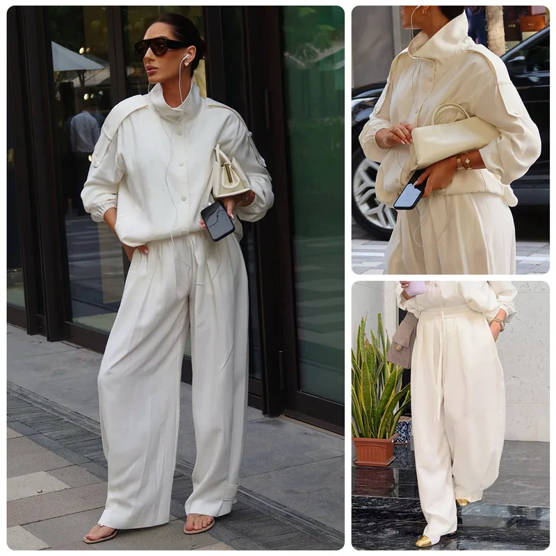 QICHE Women Cargo Two‑Piece Set Stand‑Collar Button‑Down Drop‑Shoulder Loose Jacket Drawstring High‑Waist Wide‑Leg Pants Outfit