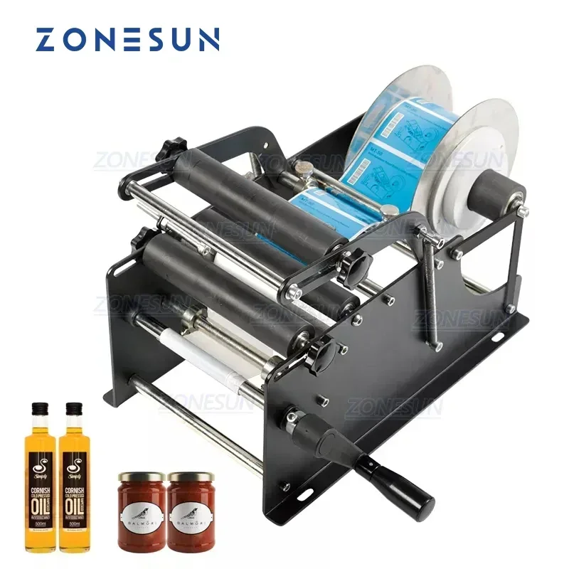 ZONESUN Manual Round Bottle Labeling Machine With Handle Glass Plastic Bottle Sticker Labeler Label Applicator ZS-50P