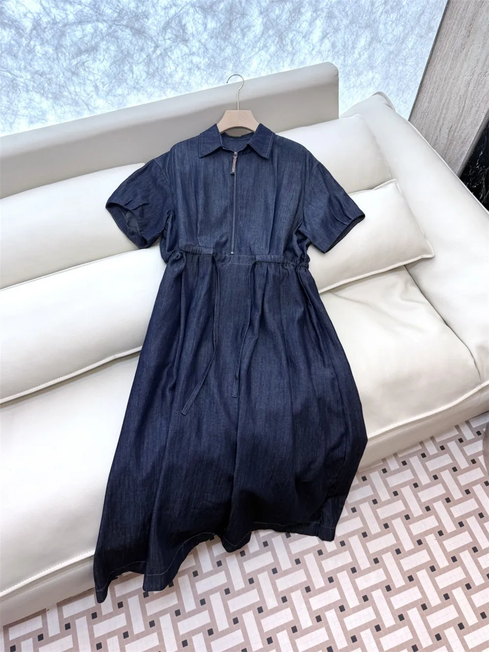 

High Quality Women's Thin Denim Cotton Linen Blend Dress Shirt Beaded A-Line Skirt