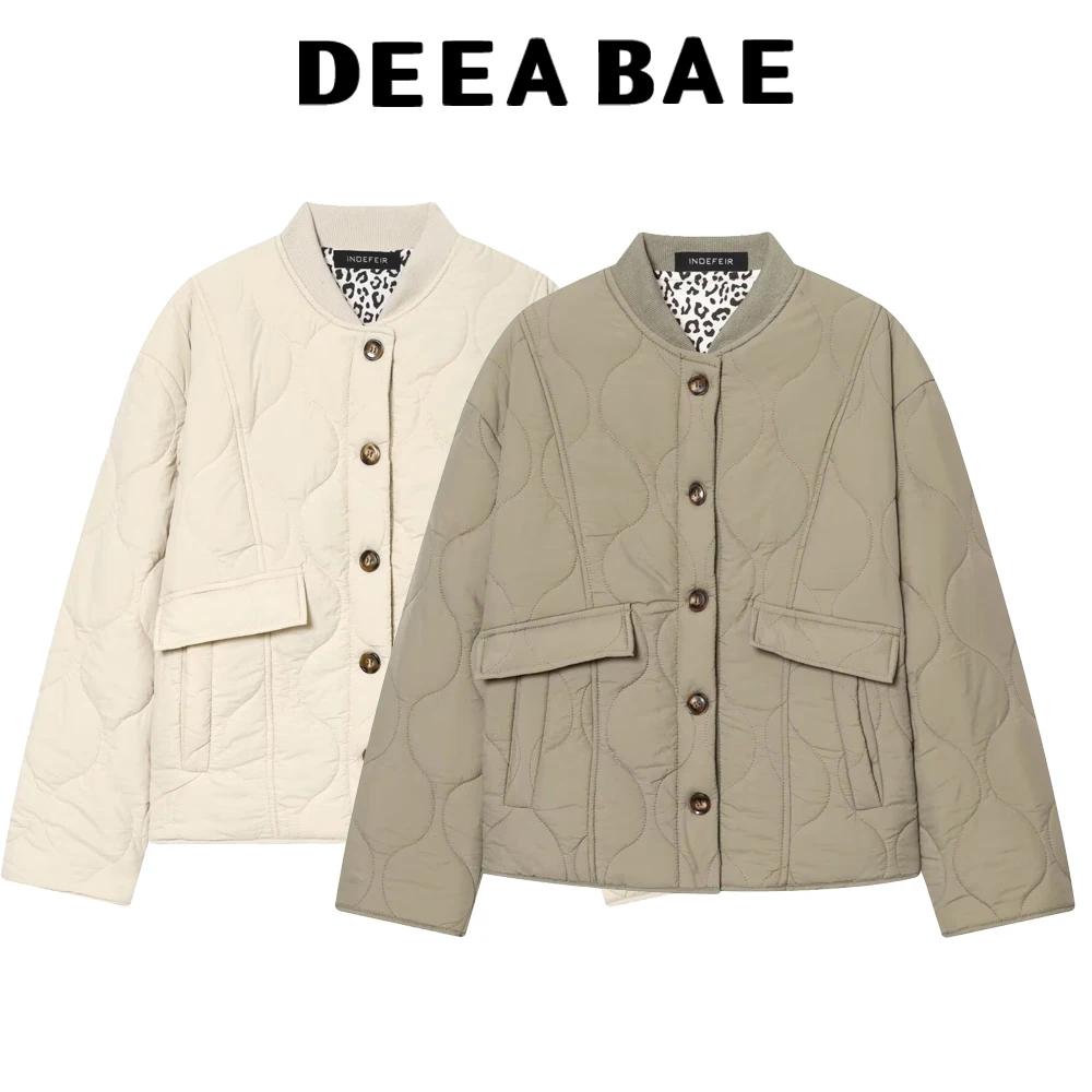 

DEEABAE Winter new women's fashion temperament commuting versatile stand up collar leopard print long cotton jacket