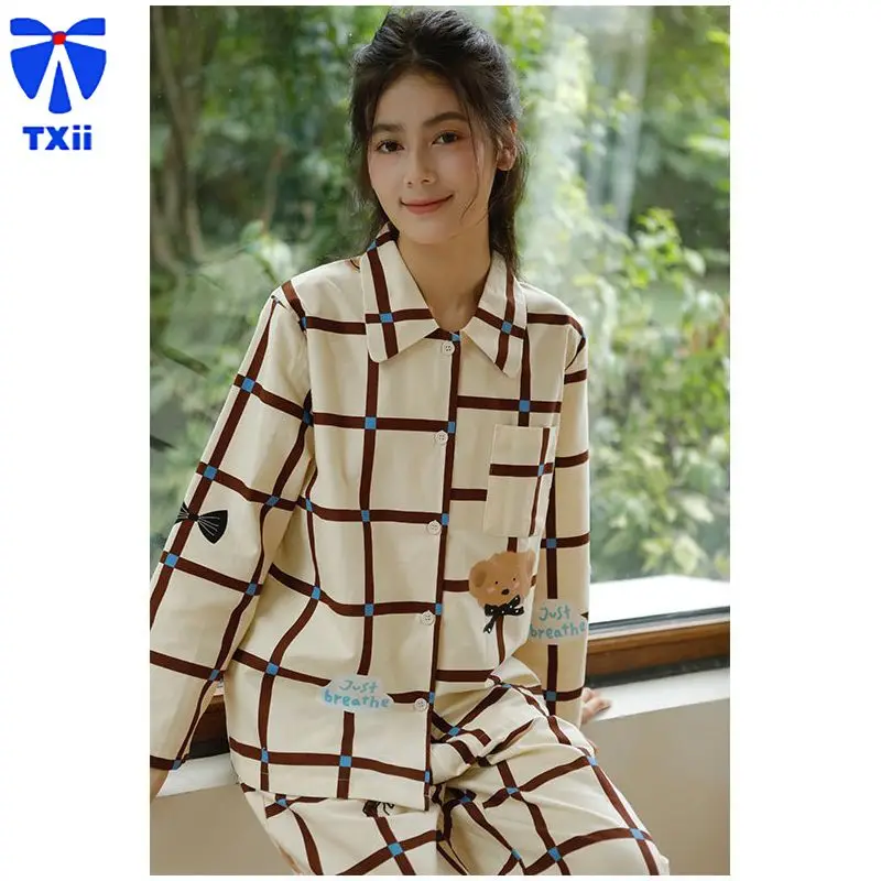 TXii New Cotton Sanding Lapel Striped Home Clothes Cartoon Christmas Series Printed Long Sleeve Pajamas suit