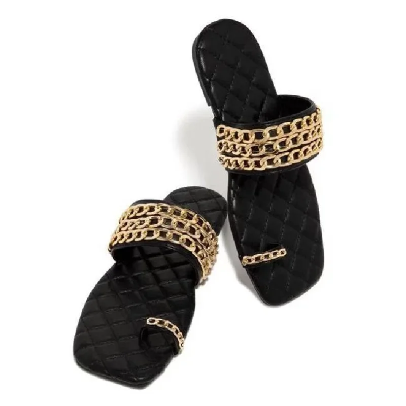 2024 Brand Shoes Female Plus Size Thong Women's Slippers Outdoor Beach Slippers Women Chain Square Toe Low Flat Heel Shoes Women