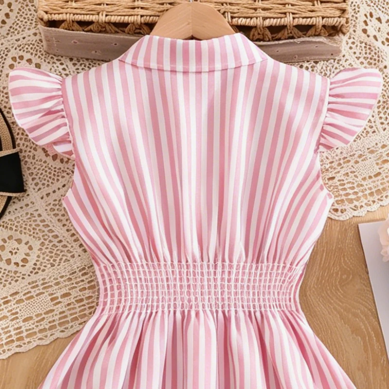 Blau-weiß gestreiftes Kleid für Mädchen von 8–12 Jahren, Hemdkragen mit Rüschenärmeln und gestreiftes Button-Down-Kleid mit seitlichen Bändern, lässige Kinderkleidung – Detail 18