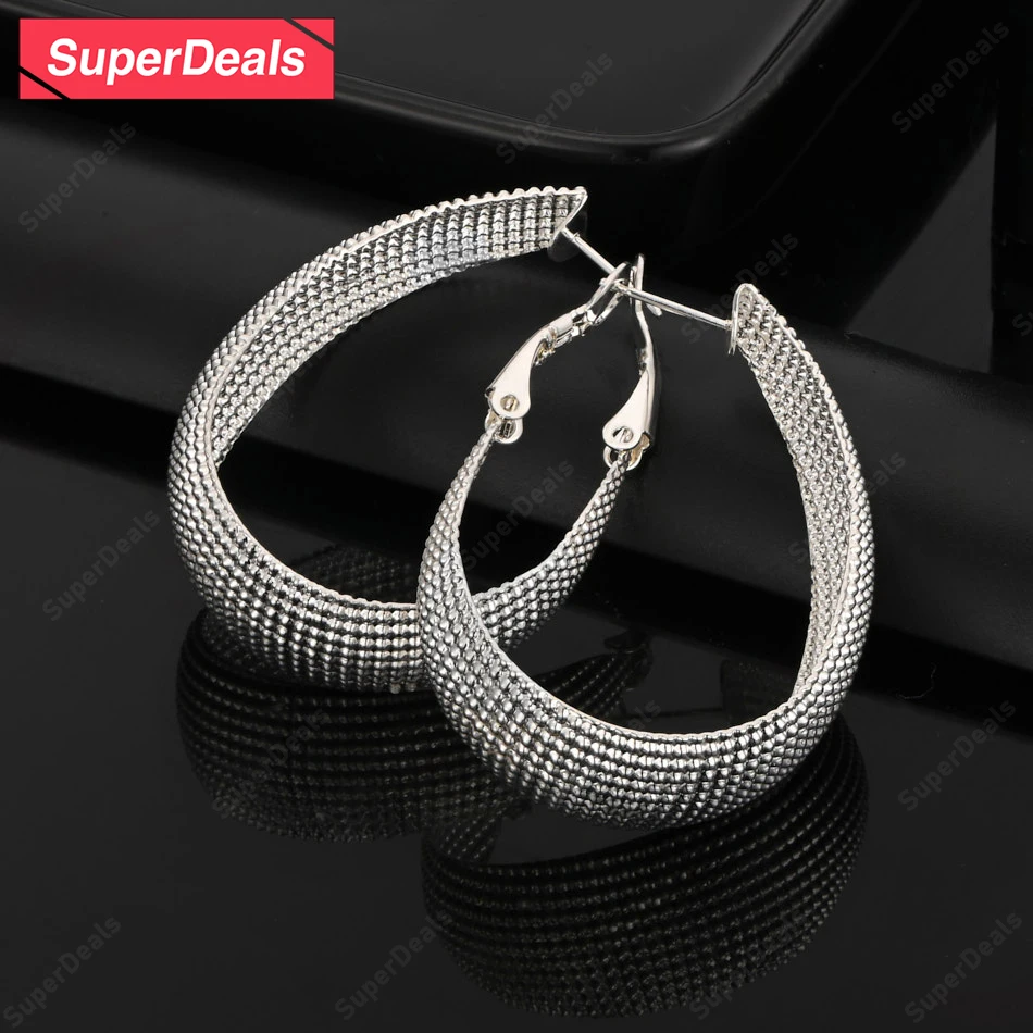 

SuperDeals 30mm 925 Sterling Silver Particle Surface U Hoop Earrings Lady Fashion Beautiful Jewelry Wedding Party Birthday Gift
