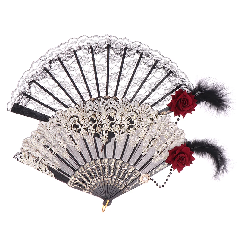 Lolita dobrável de renda, rosa de penas, banhado a ouro, festa de chá feminina, fãs de casamento, adereços cosplay, retrô, estilo europeu