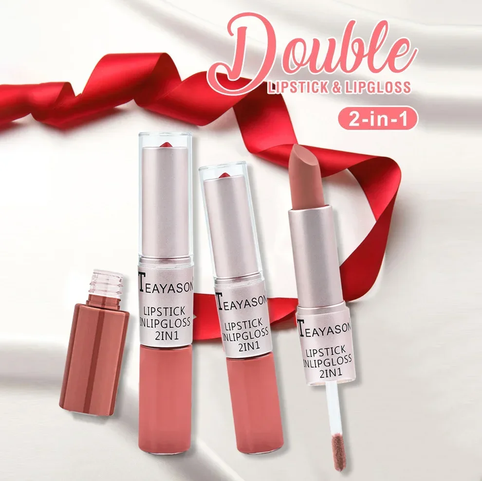 2 In 1 Double Head Lip Gloss Matte Velvet Sexy Red Tint Liquid Lipstick Waterproof Lasting Cosmetic Lip Gloss Makeup Cosmetics