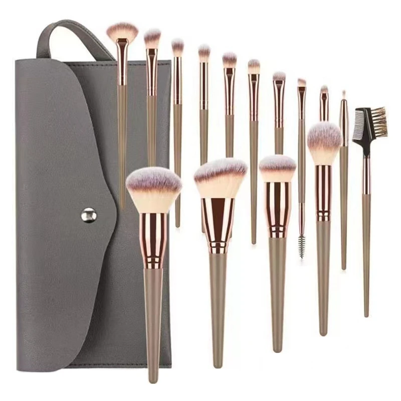 Champagne Gold Full Makeup Brush Set, escova de pó solto, escova de sobrancelha, 15pcs