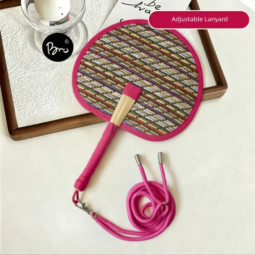 Vibrant Colors Handwoven Fan Round Handmade Hand Cranked Fan with Elastic Lanyard with Adjustable Rope Cute Woven Fan Picnic