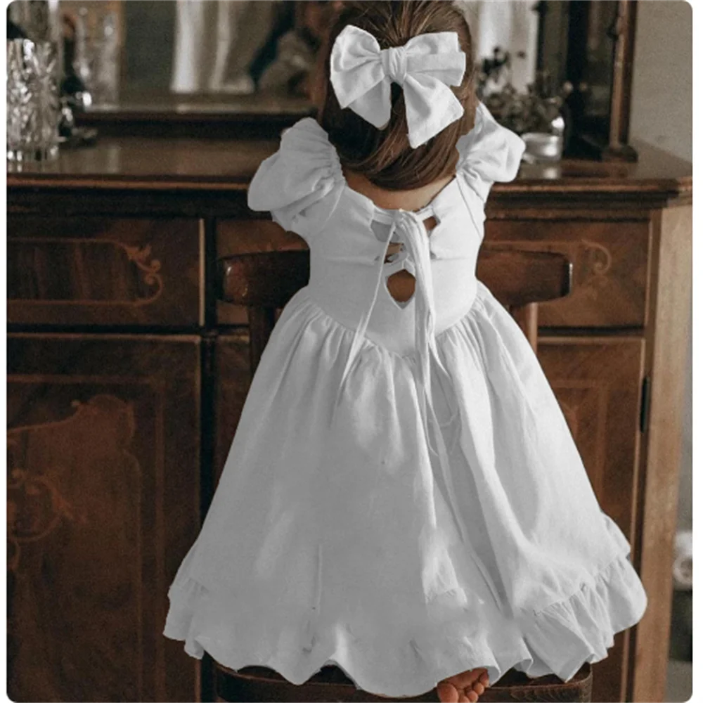 White Flower Girl Dresses Square Collar Puffy Full Sleeve  A Line Birthday child princess baby Wedding Party Gowns 2024 Summer