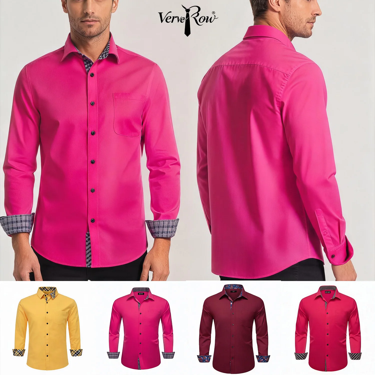 Plaid Collar Cuff Patchwork Shirt Pink or Red or Yellow or Apricot Solid Long Sleeve Casual Button Top Fit Daily Outfit