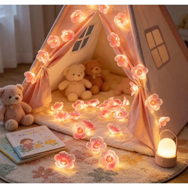 Pink Cherry Blossom LED Fairy String Lights Battery Powered Waterproof Flower Garland Lamp For Outdoor Christmas Wedding Party