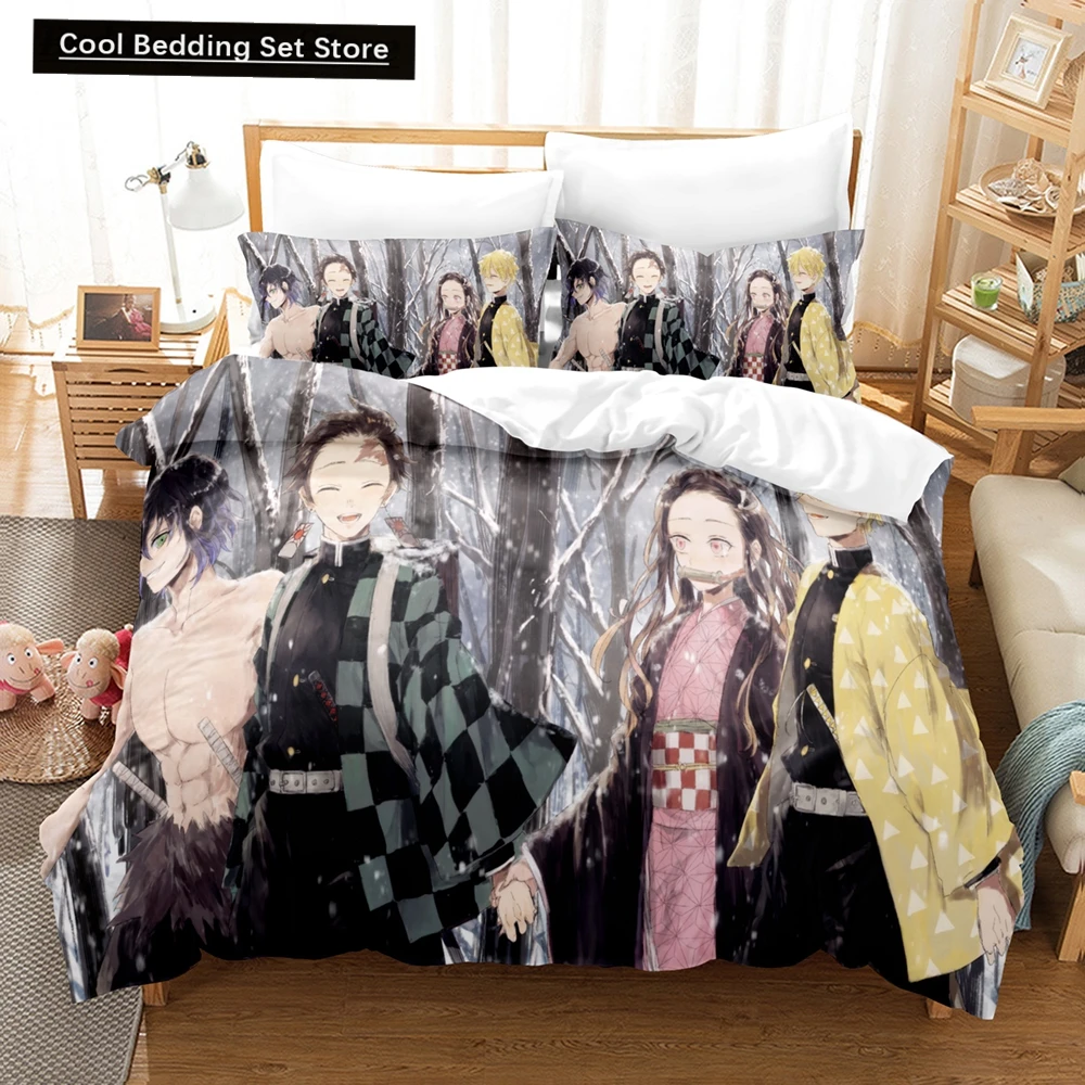 

Fashion 3D Print Cartoons Demon Slayer Bedding Sets Duvet Cover Set With Pillowcase Twin Full Queen King Bedclothes Bed Linen