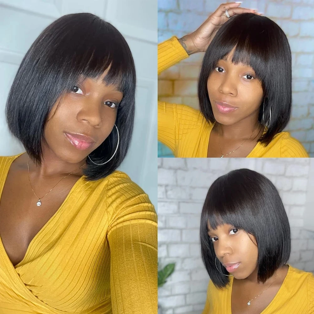 Parrucca per capelli umani da 8-16 pollici con capelli birmani con frangia parrucca diritta bob capelli vergini nessuna parrucca in pizzo parrucca senza colla per la vendita di liquidazione