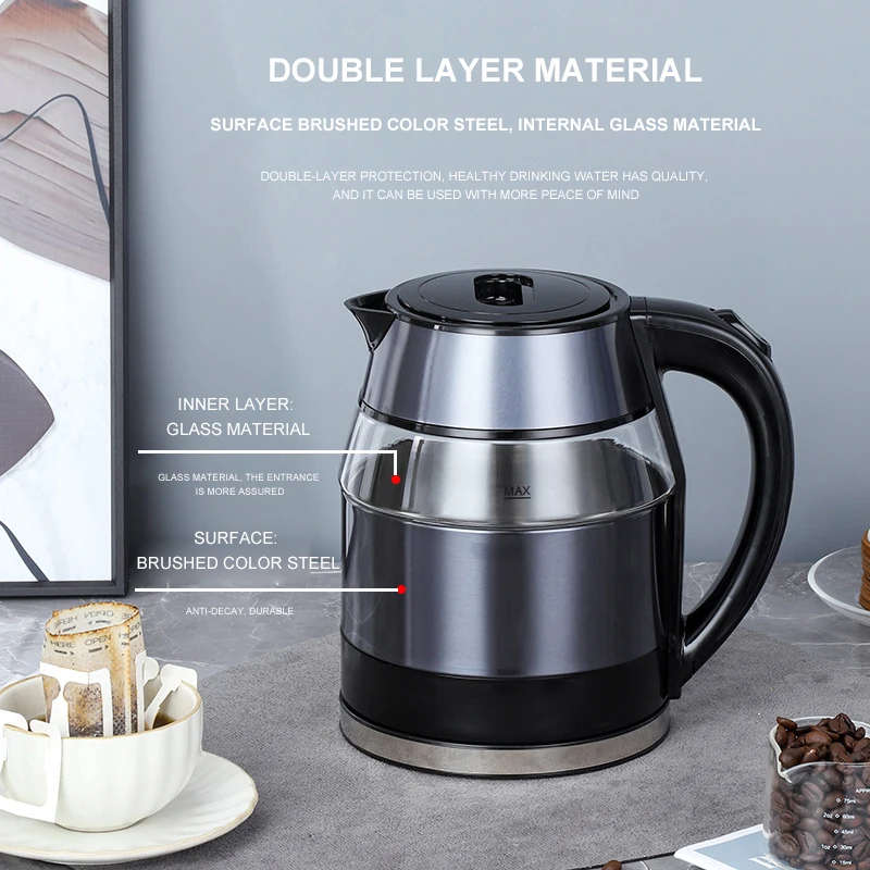 GELAIBO اللون الصلب طبقة مزدوجة عالية البورسليكات الزجاج غلاية كهربائية غلاية كهربائية منزلية غلاية مضادة للتجفيف