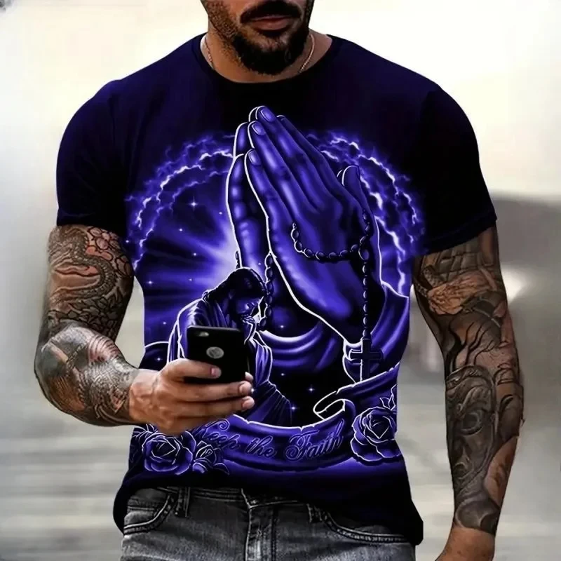 Christianity Pray T-Shirts Fashion 3D Jesus Printed T Shirt For Men Casual O-neck Oversized Short Sleeve Tops Vintage Clothing