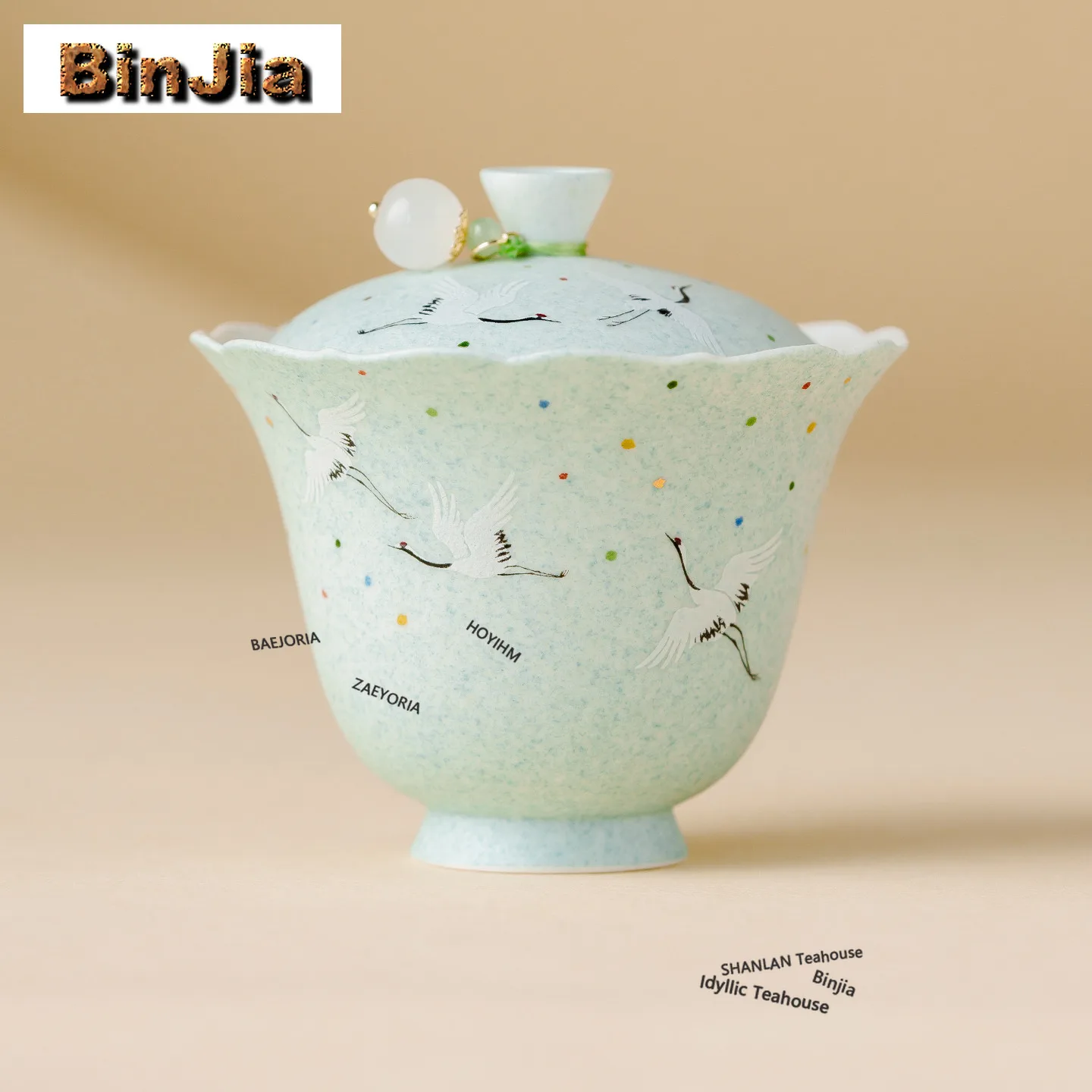BAEJORIA 90ml Foggy Blue Glaze Underglaze Colour Crane Gaiwan Zen Tea Tureen Tea Bowl With Lid Kit Tea Brewing Cover Bowl Craft