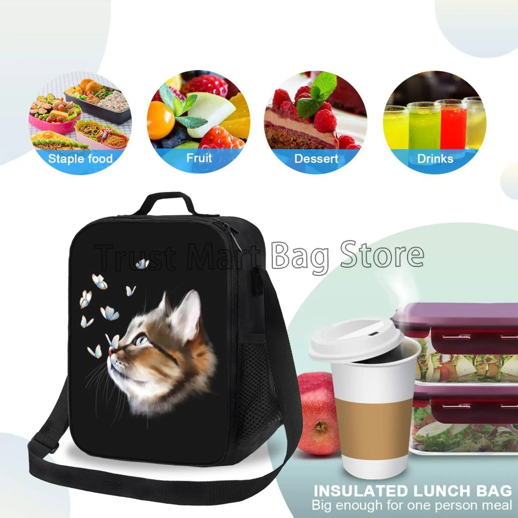 Portrait Cat with Butterflies Insulated Lunch Bag for School Work Picnic Beach Reusable Thermal Cooler Tote with Shoulder Strap