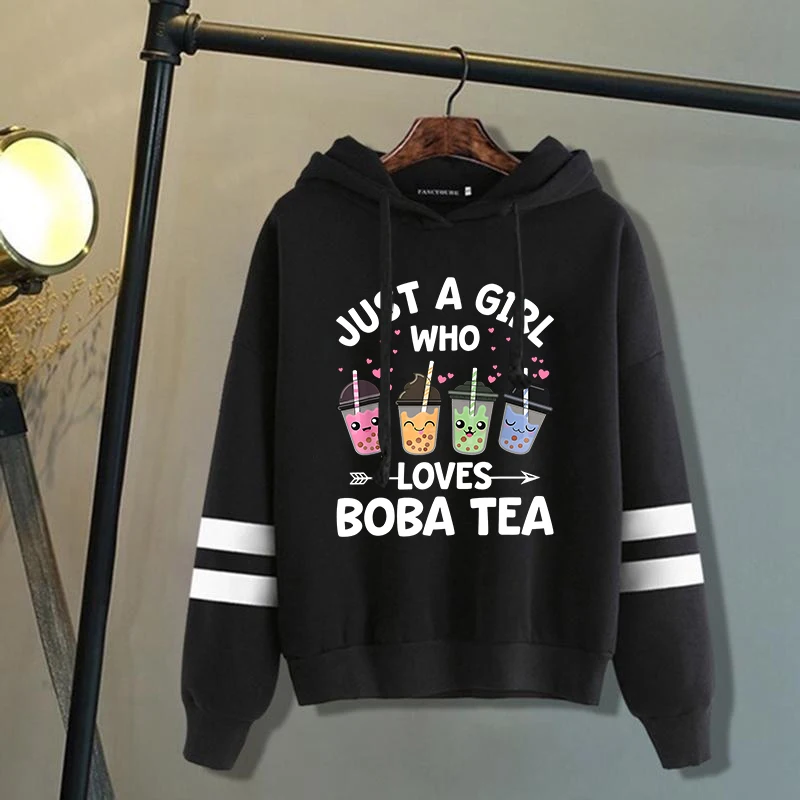 Fashion Men/Women Hoodie Just A Girl Who Loves Boba Tea Print Hoodie Casual Stripe Long Sleeve Sweatshirts Personality Pullover