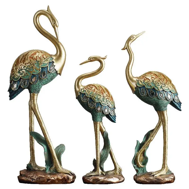 Painted Resin Animal Sculptures, Crane Bird Simulation Statues, Gold Relief Art Decorations, Living Room, Office, Desktop, Gifts