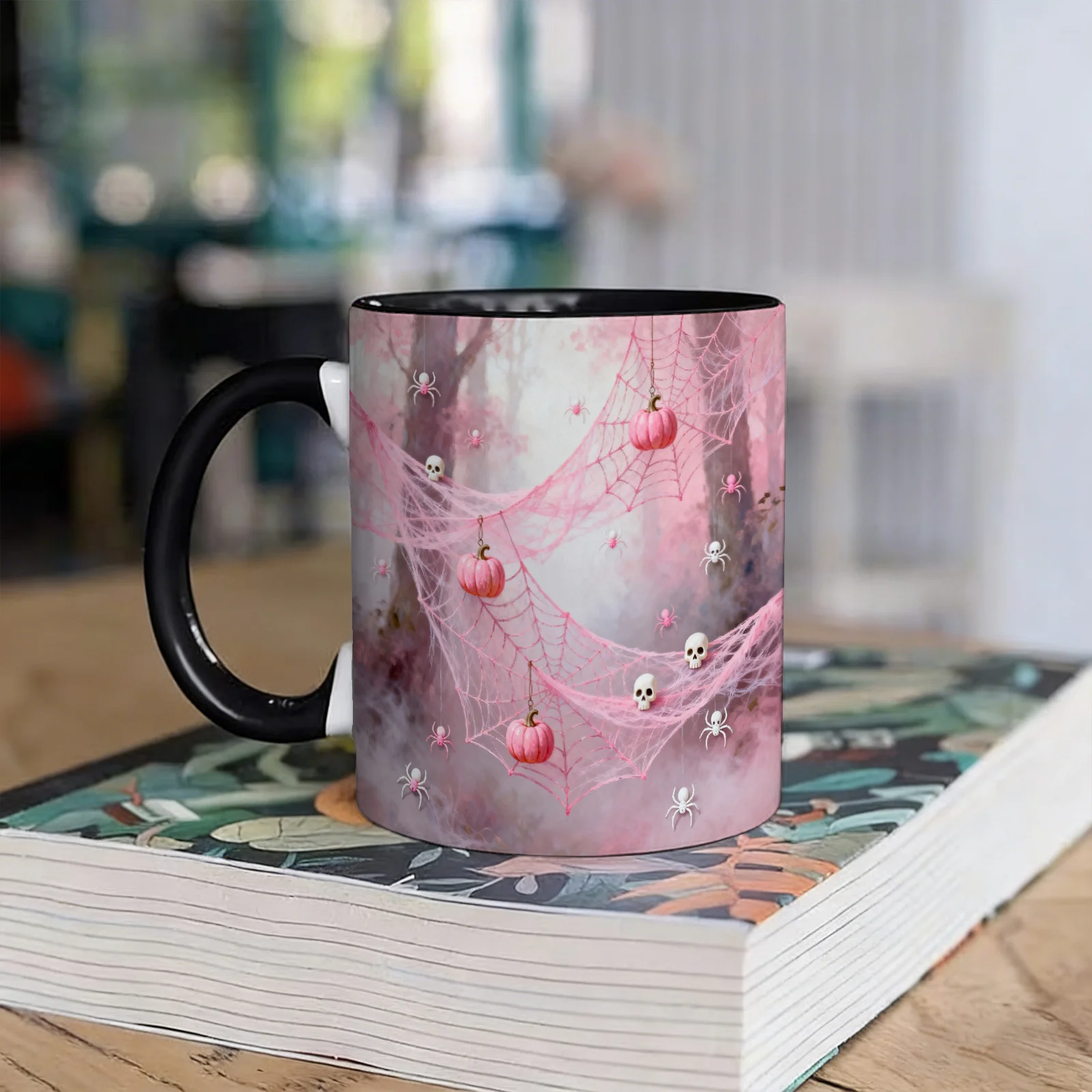 1pc Pink Halloween-Themed Ceramic Coffee Mug with Double-Sided Pattern Design, Reusable, Easy to Hand Wash, 11Oz Stylish Ceramic Cup, Home Decor, Office Water Cup, Ideal Gift for Friends