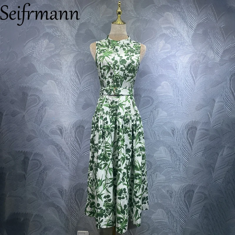 Seifrmann 2026 Summer Women's New Fashionable Round Neck Sleeveless Cotton Printed Belt Waist cinching Long Dress