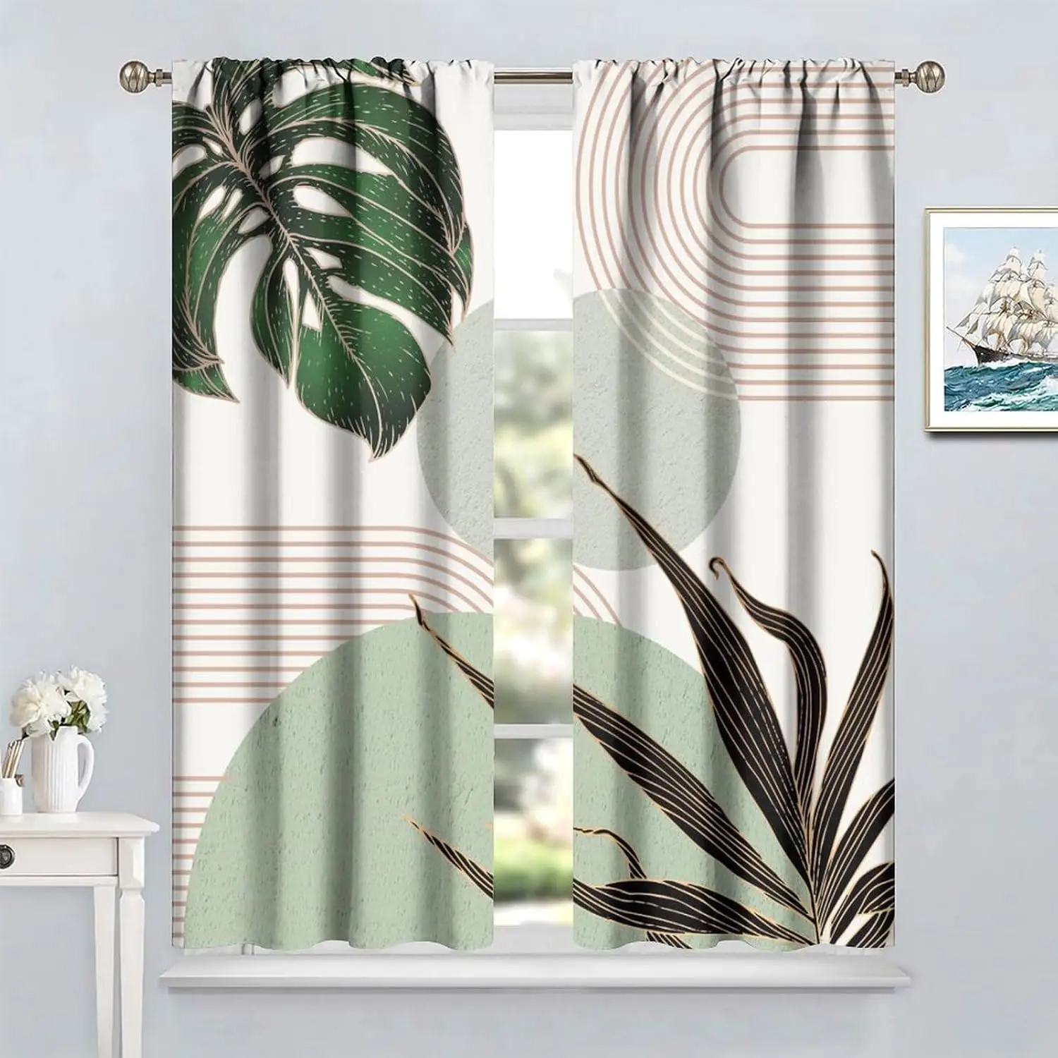 Mid Century Leaf Curtains,Abstract Leaf Sun Modern Minimalist Bedroom Window Treatments,Boho Green Plants Living Room Kitchen