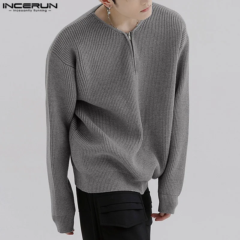 INCERUN-suéter informal de estilo coreano para hombre, Tops sencillos, a la moda, para fiesta, color sólido, con media cremallera, S-5XL