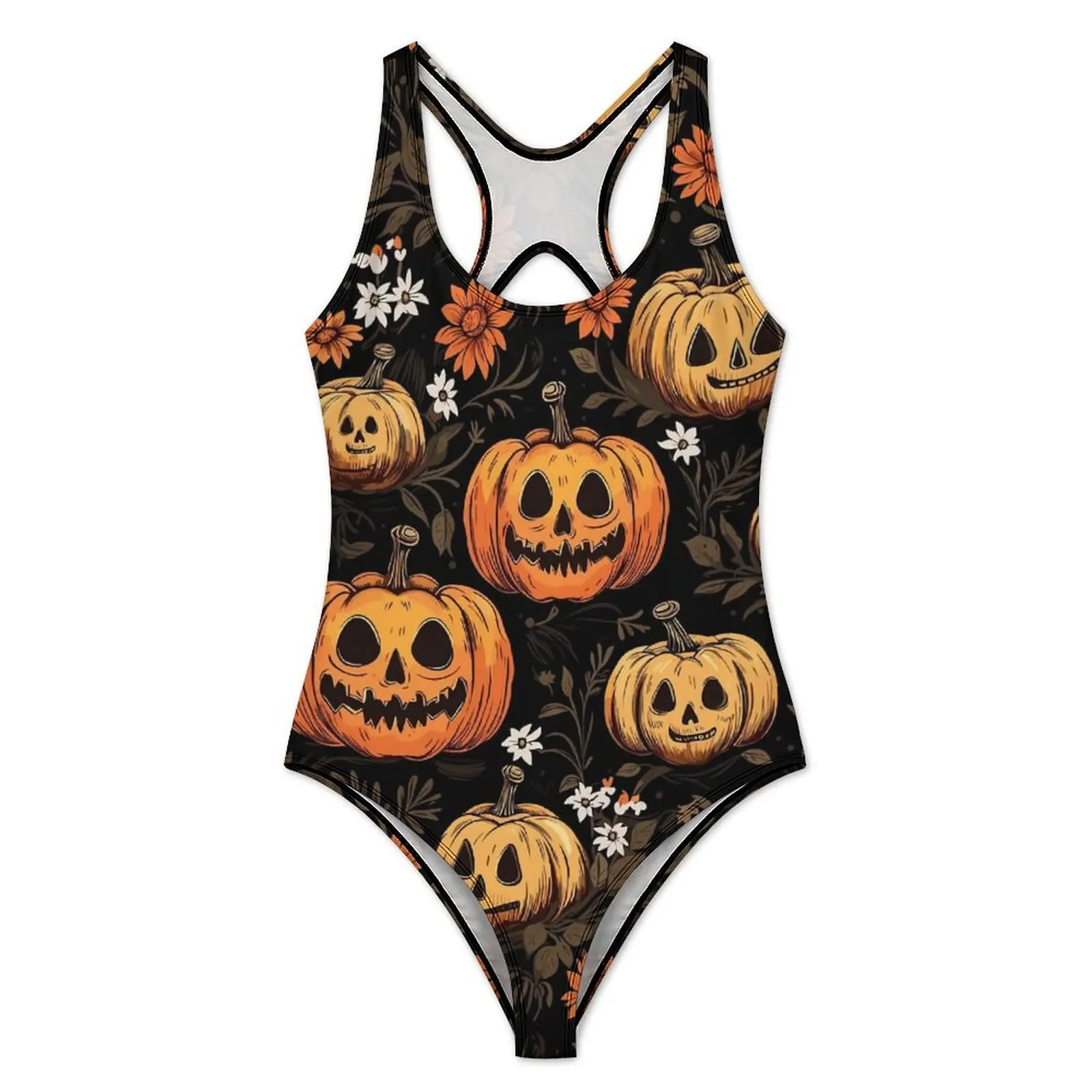 Halloween Pumpkins Swimsuit Flowers Print Swimwear One Piece Holiday Swim Swimsuits Monokini Women Push Up Sexy Beach Outfits