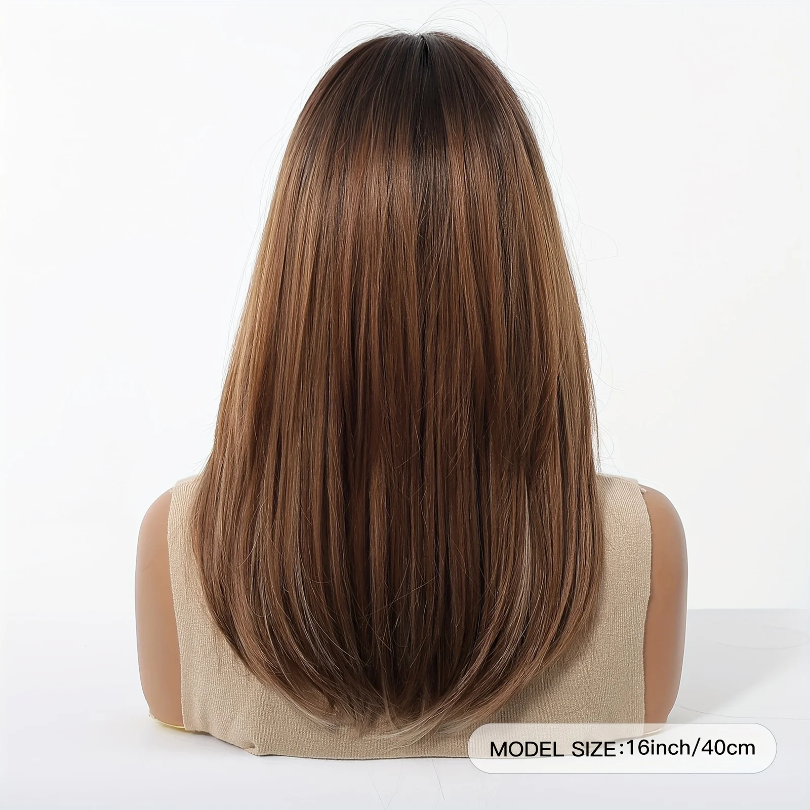 16-Inch coffee brown linen gold highlights women's figure-eight bangs fluffy high-level long straight hair rose mesh cap high te