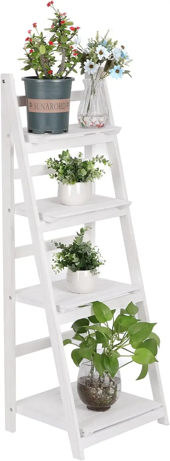 Funkeen Foldable Ladder Shelf Wood Multi Tier Plant Stand Tall Flower Pot Display Outdoor Plant Ladder Plant Holders Indoor