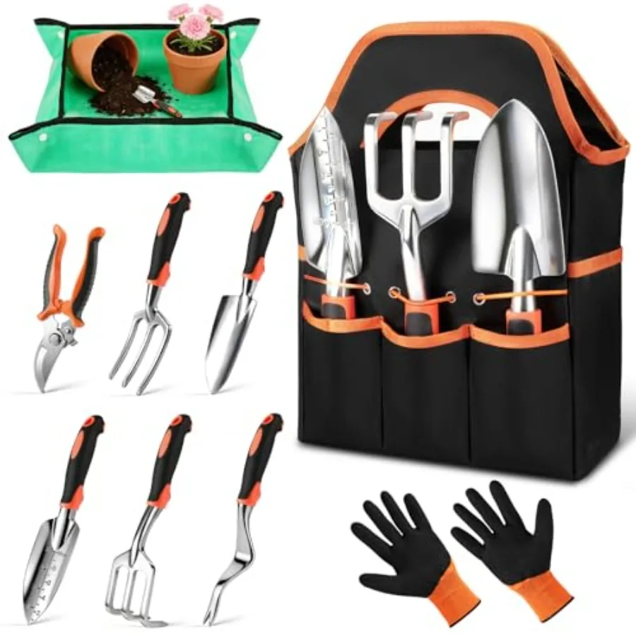 9-Piece Heavy Duty Gardening Tools Set Stainl Steel Rust-Resistant, Non-Slip Silicone Ergonomic Handles, Gifts for Mom Mothers