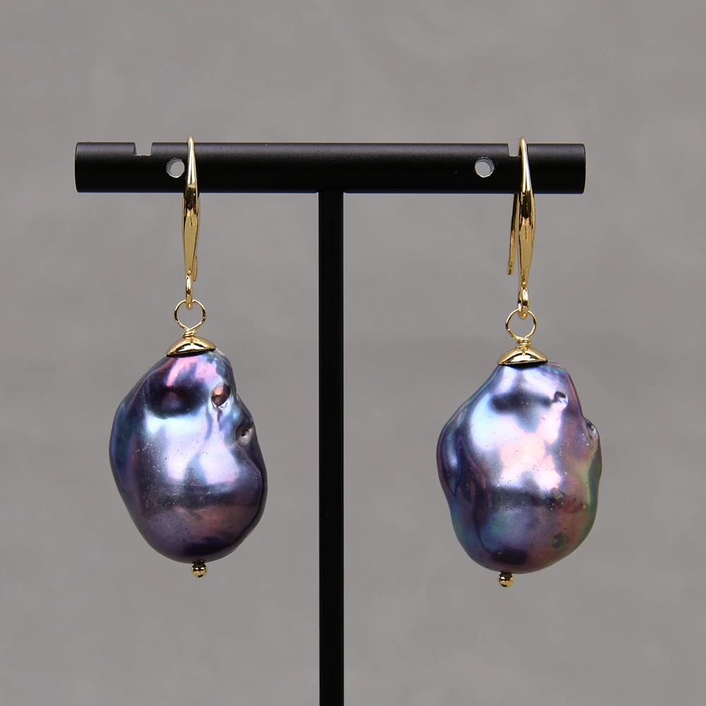 G-G Cultured Black Keshi Pearl Dangle Earrings Real Baroque Pearl Gold Plated Ear Hook Wedding Jewelry Gifts