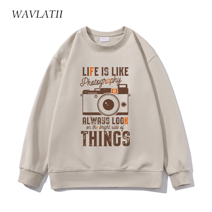 WAVLATII New Women Pullovers Sweatshirts Female Khaki Casual Letter Printed Hoodie Unisex Spring Autumn Tops for Youngth WH2359