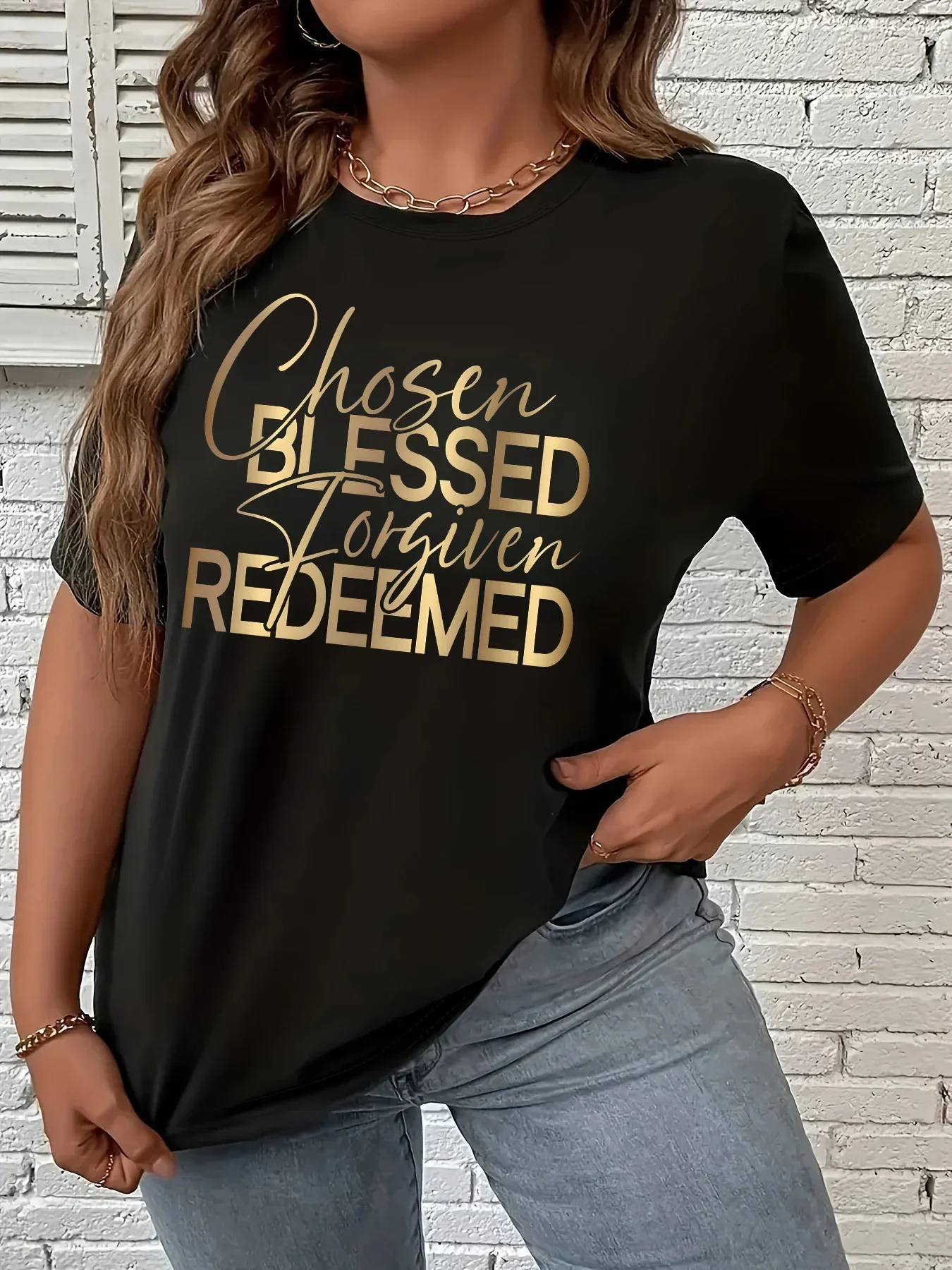 Artı Boyutu kadın Yaz Rahat Kısa Kollu Yuvarlak Yaka Üst T-Shirt Baskı Grafik BLESSED REDEEMED Artı Boyutu Moda T-Shirt