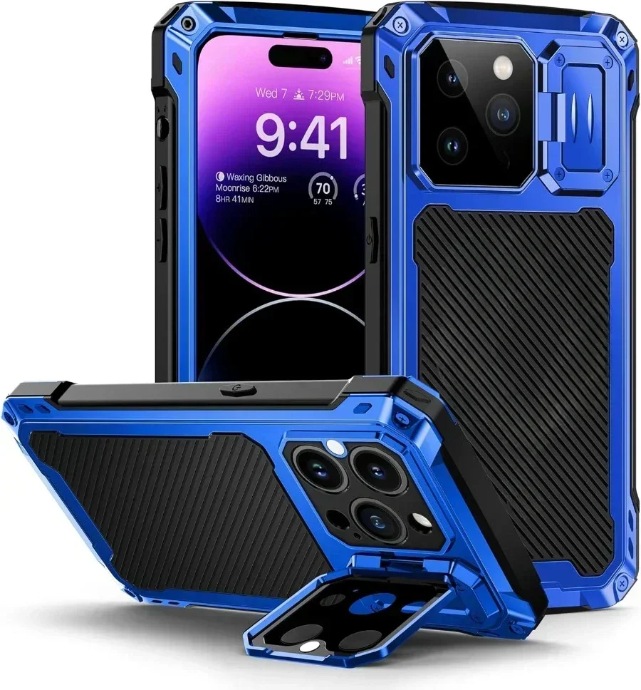 Heavy Duty Military Armor Metal Case For iPhone 16 15 Plus 14 Pro Max Shockproof Cover Camera Holder Screen Protector Magsafe