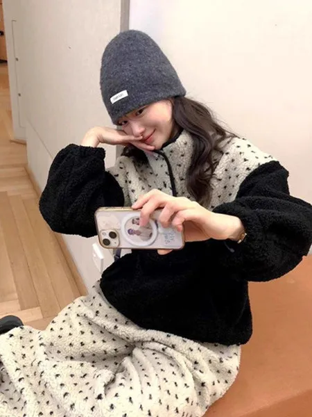 

Утепленная флисовая куртка с воротником-стойкой на молнии до середины груди, женская, осенне-зимняя, новый корейский стиль, теплая толстовка с цветовыми блоками, размер L