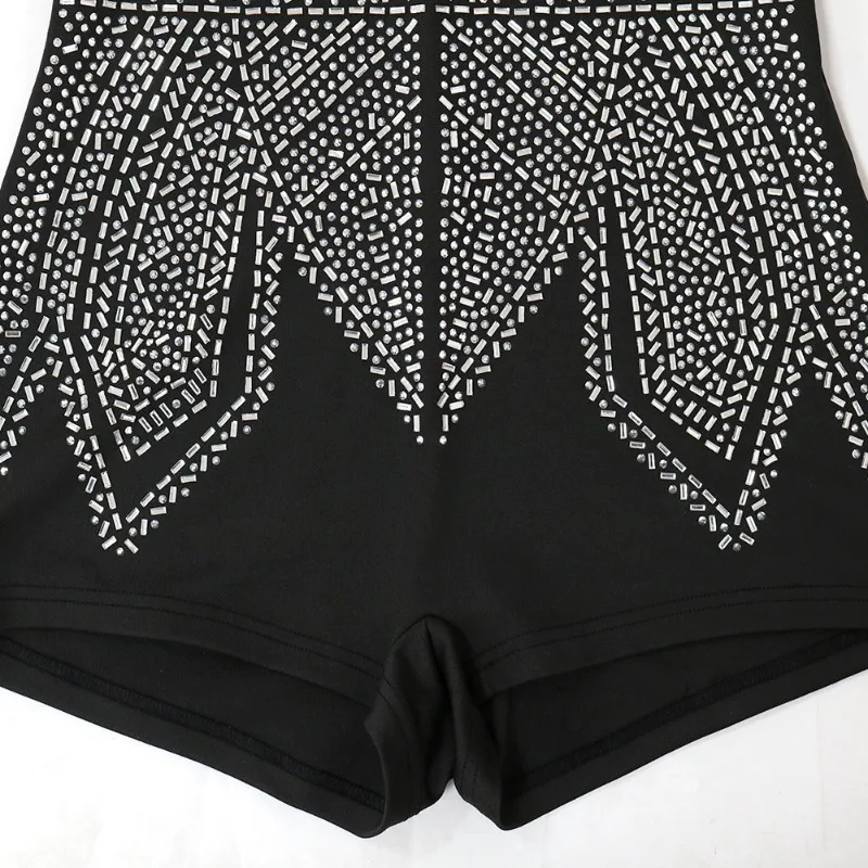 Crystal Diamonds Club Party Playsuits Women Sexy V-Neck Mesh Full Sleeve Patchwork Slim Shorts Jumpsuits Female Y2K Rompers