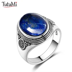Vintage 925 Sterling Silver Ring Oval Natural Lapis Rings Retro Silver Black Rings With Blue Stone Fine Jewelry Gift For Men