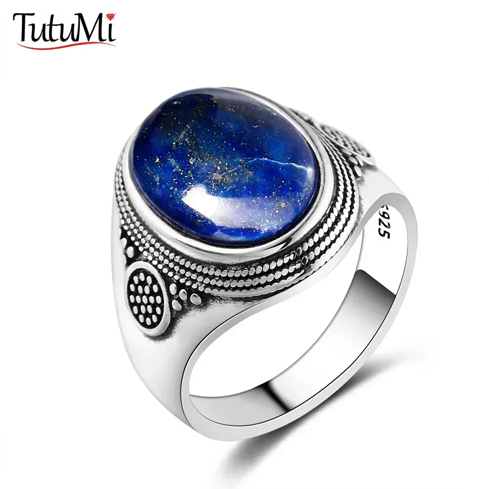 Pierścionek ze srebra próby 925 w stylu vintage, owalny, z naturalnym lapis lazuli, retro srebrny pierścionek z czarnym srebrem i niebieskim kamieniem, elegancka biżuteria, prezent dla mężczyzn.