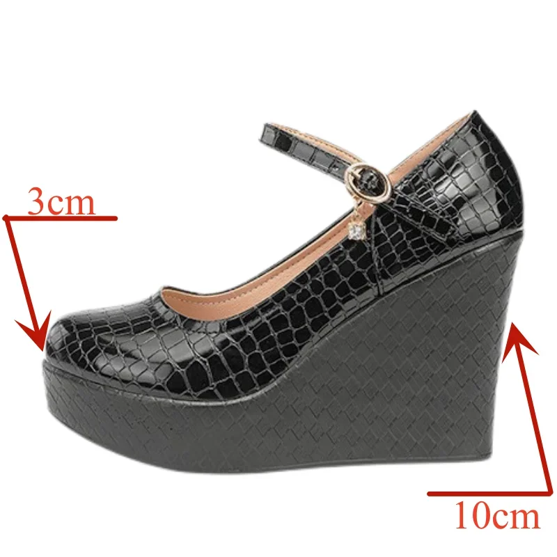 10cm Small Size 32-43 Patent Leather Shoes Thick Bottom Platform Wedges Shoes 2024 Shallow High Heels Pumps for Office Model